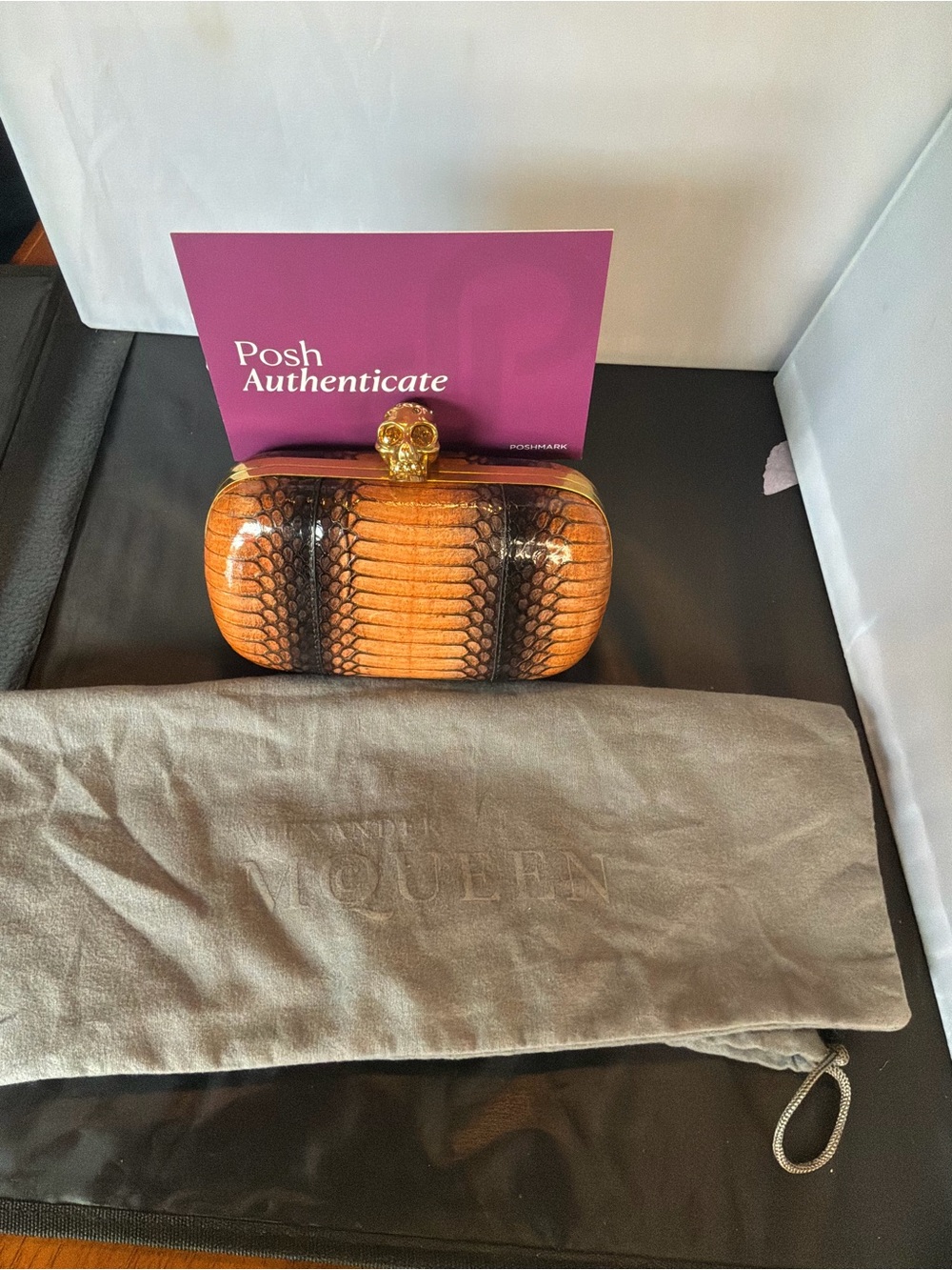 Alexander McQueen Orange and Black Python Skull Clutch - Picture 5 of 6